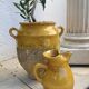 Large vintage artisanal glazed earthenware pitcher with pinched spout