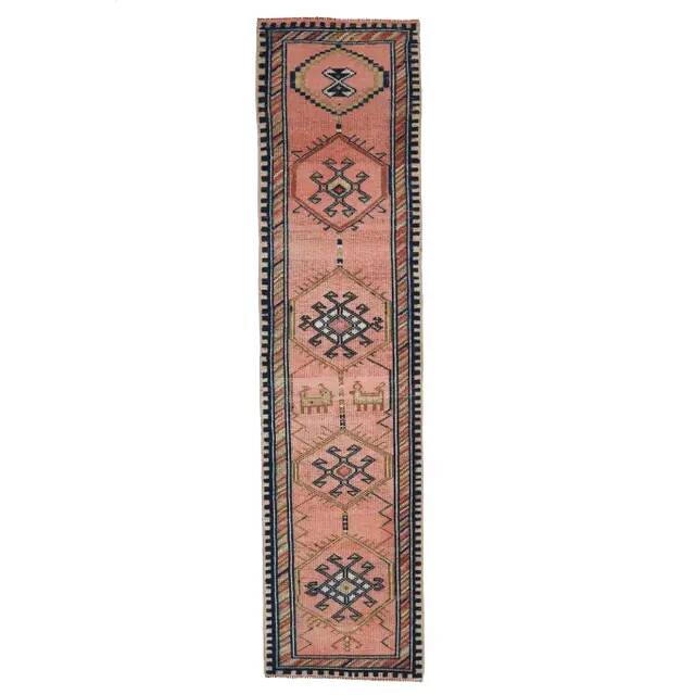 Vintage Turkish Oushak handmade wool cotton pink runner rug 81x368