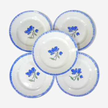 Set de 5 assiettes plates Badonviller fleur bleu