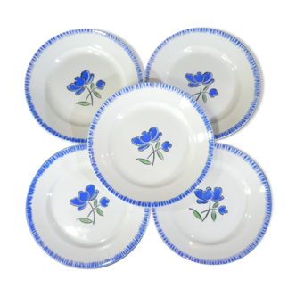 Set de 5 assiettes plates Badonviller fleur bleu