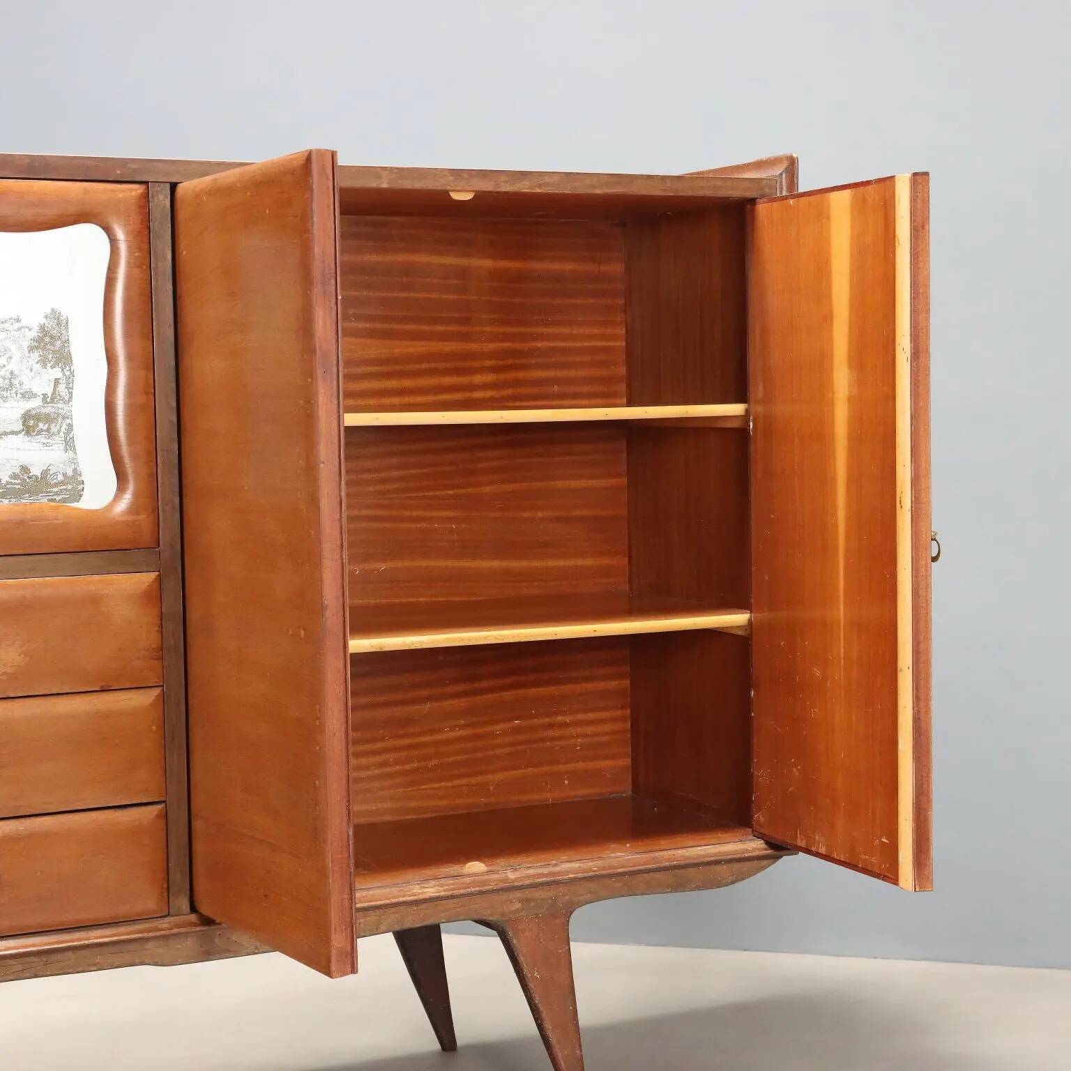 Vintage mahogany sideboard with bar compartment, 1950s-60s design.