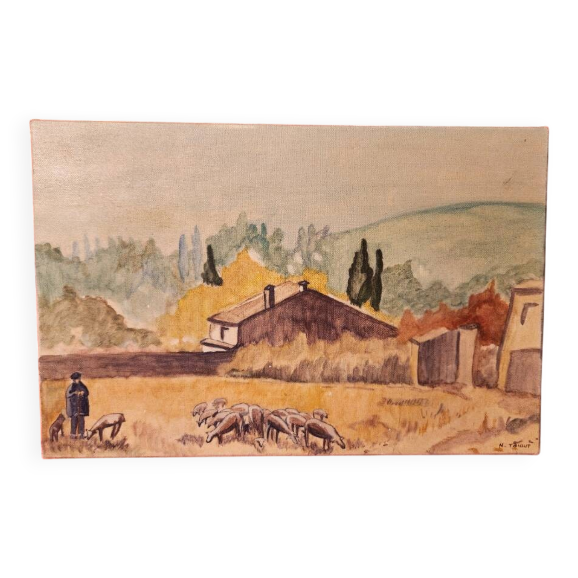 Oil painting on canvas Provence landscape Shepherd sheep signed Thiout