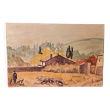 Oil painting on canvas Provence landscape Shepherd sheep signed Thiout