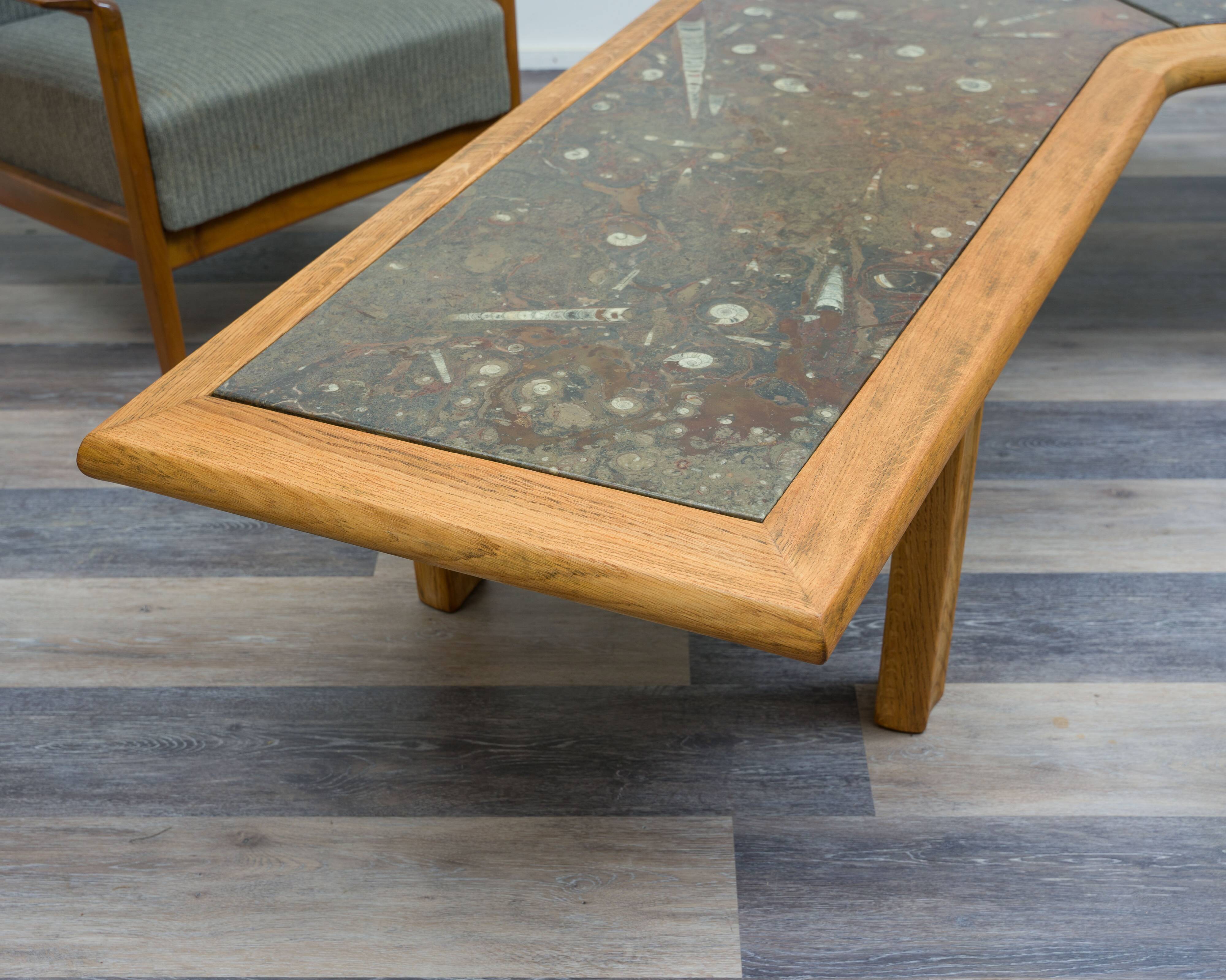 Boomerang coffee table, fossil marble, 70s