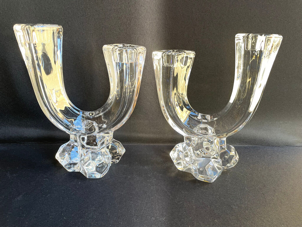 Cristallerie de Vannes le Châtel - Pair of torch candle holders - Cristal signé