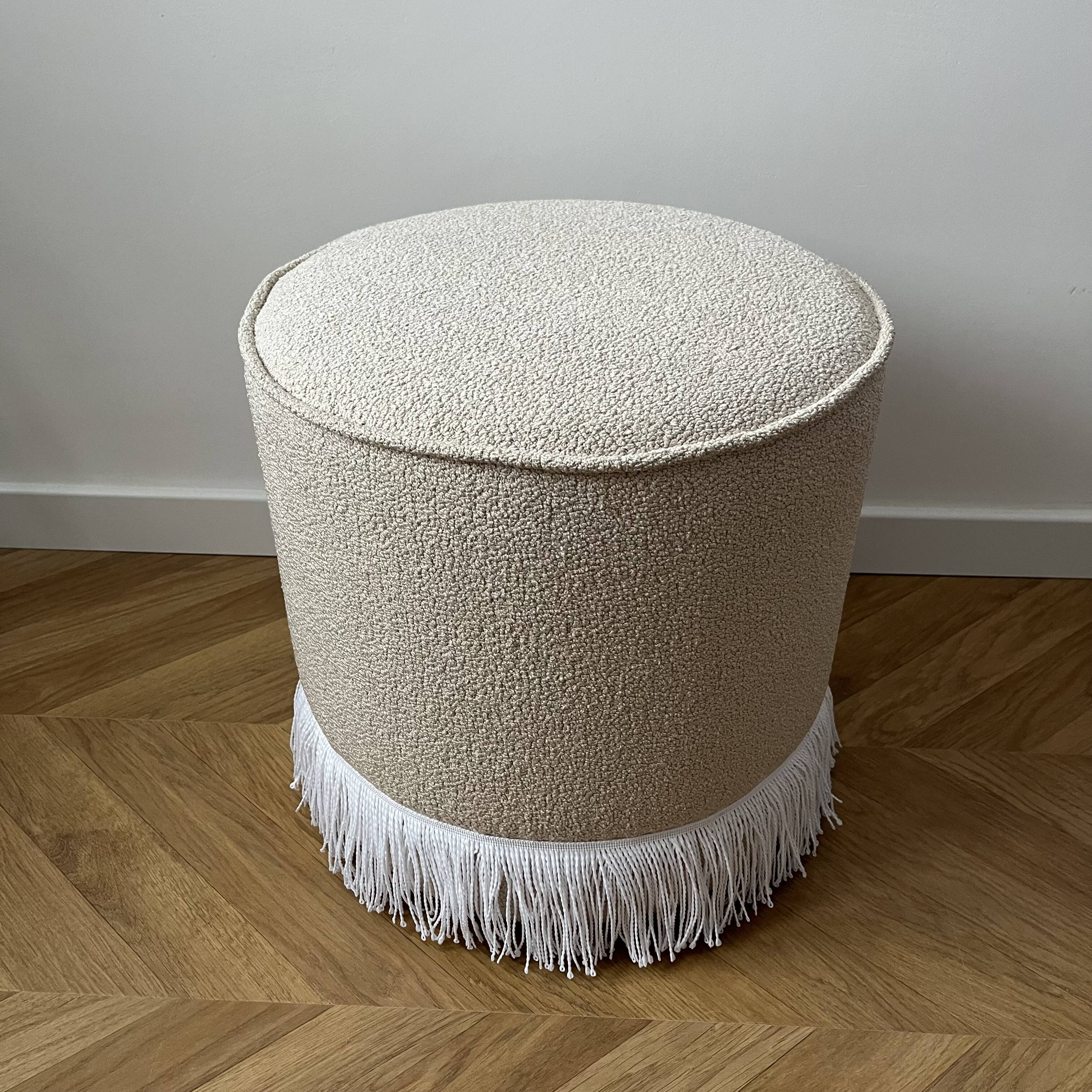 Round Ottoman with Fringe Bottom, Cream Boucle Upholstered Pouf