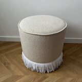 Round Ottoman with Fringe Bottom, Cream Boucle Upholstered Pouf
