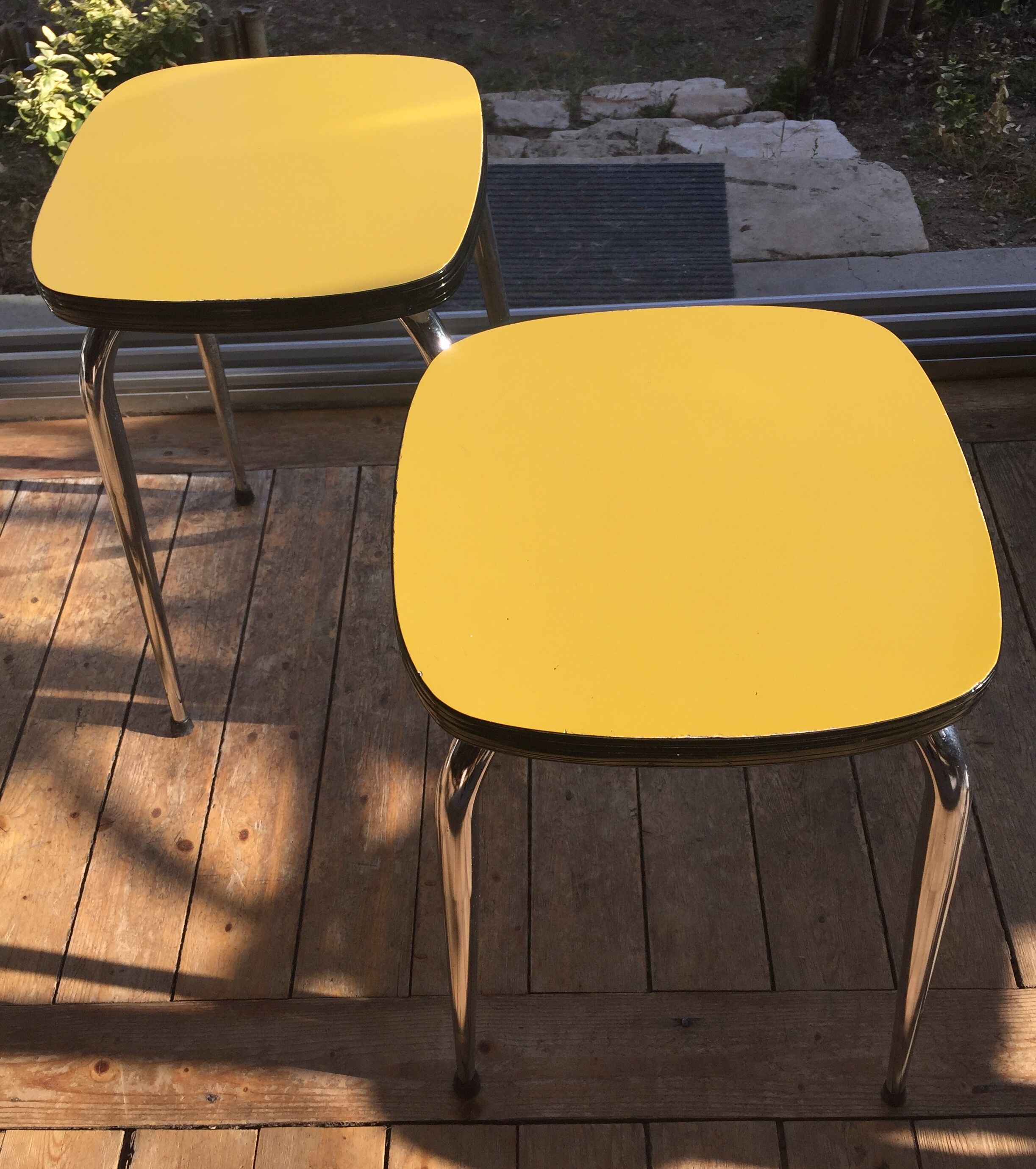 Duo of vintage formica mustard yellow stools