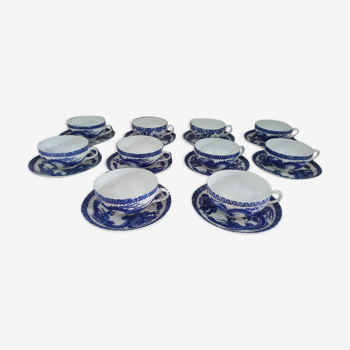 Lot de 10 tasses à thé et sous-tasses en porcelaine japonaise décor dragon bleu et blanc