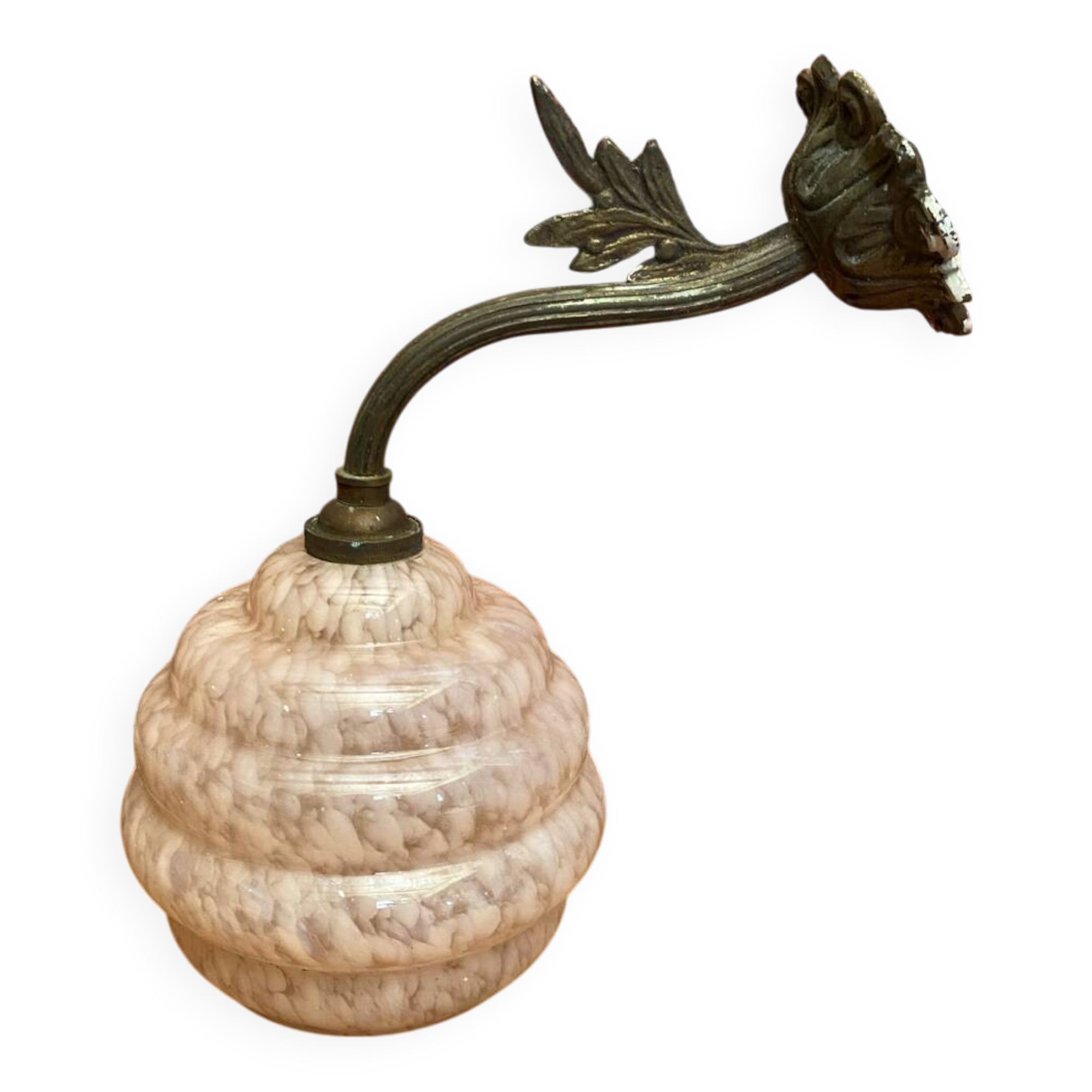 Antique Art Nouveau Gilt Bronze Wall Lamp + Vintage Pink Glass Ball