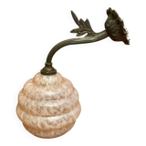Antique Art Nouveau Gilt Bronze Wall Lamp + Vintage Pink Glass Ball