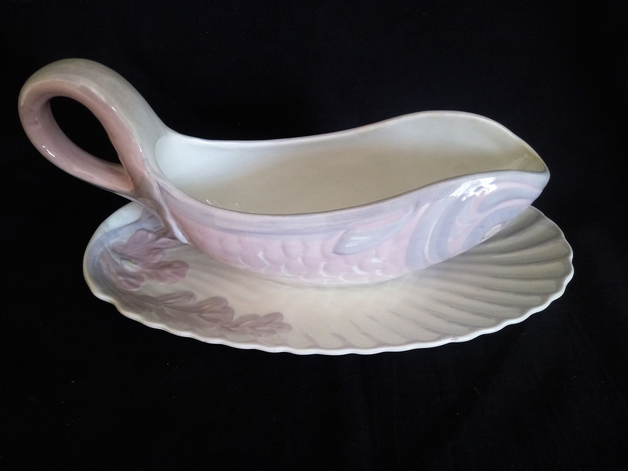 Antique Longwy ceramic fish service for 12 people, Copenhagen pattern, 1890-1939