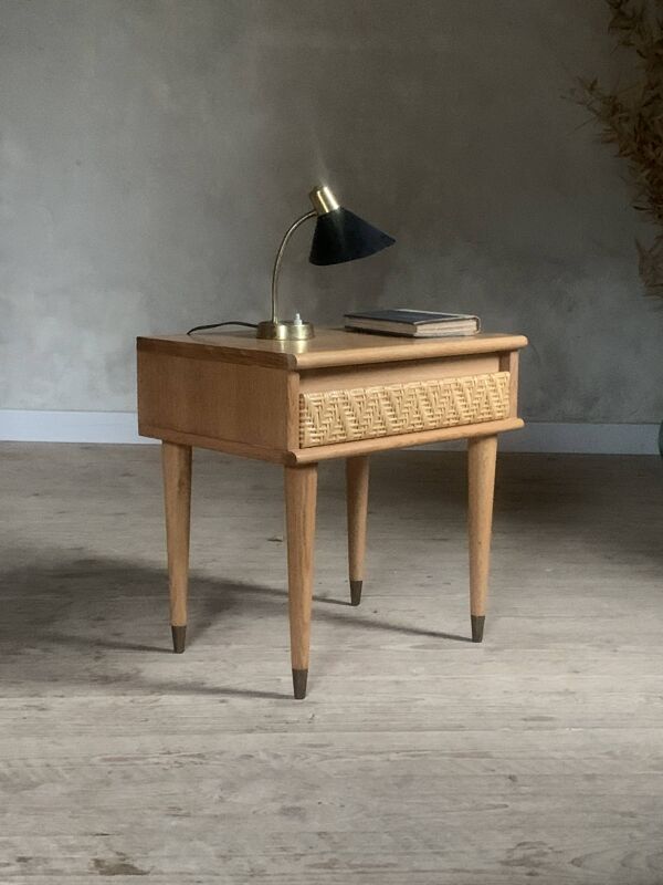 Table de Chevet vintage en chêne et rotin