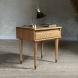 Vintage oak and rattan bedside table