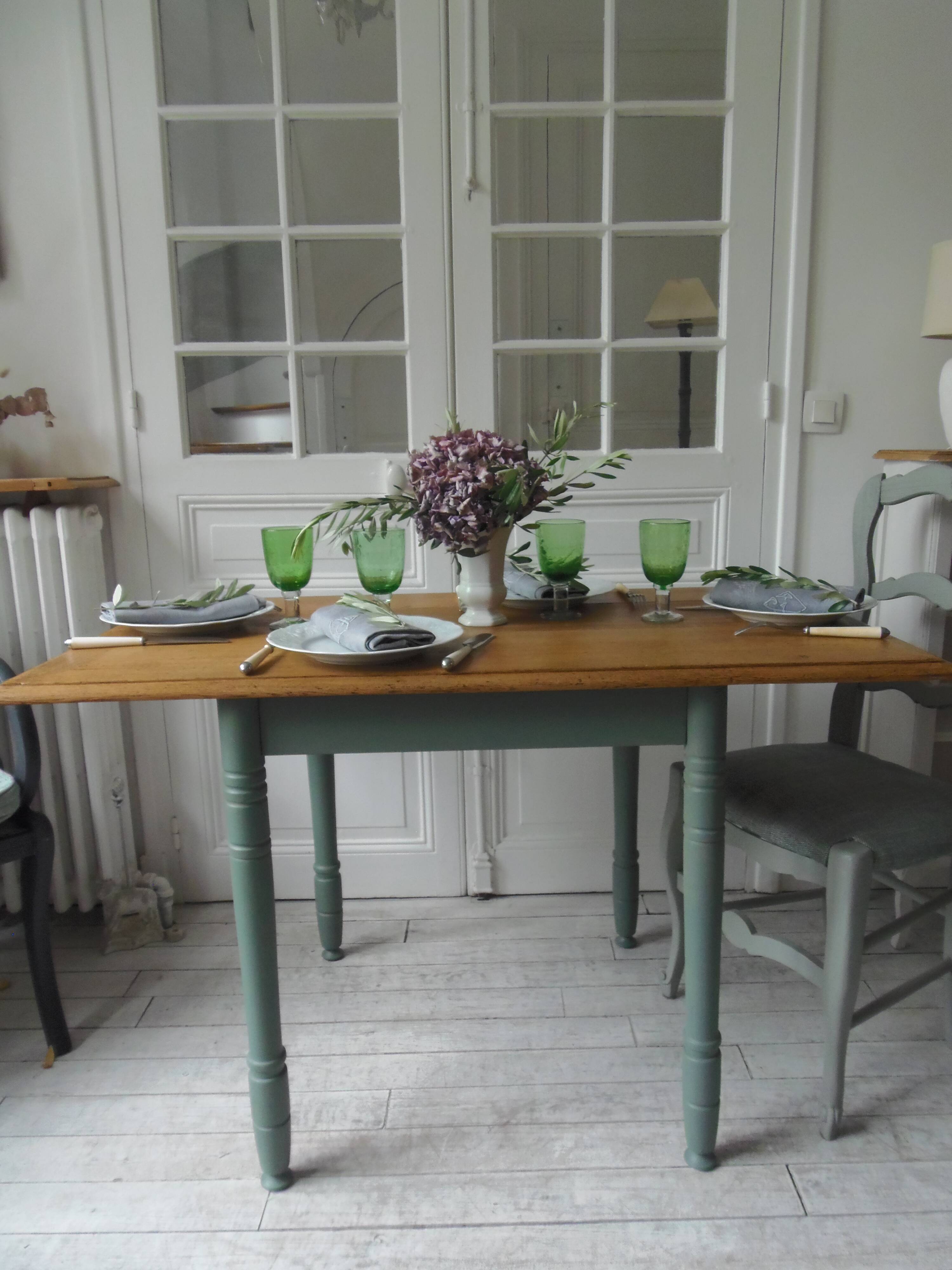 Table, vintage desk with smoked green base, oak top.