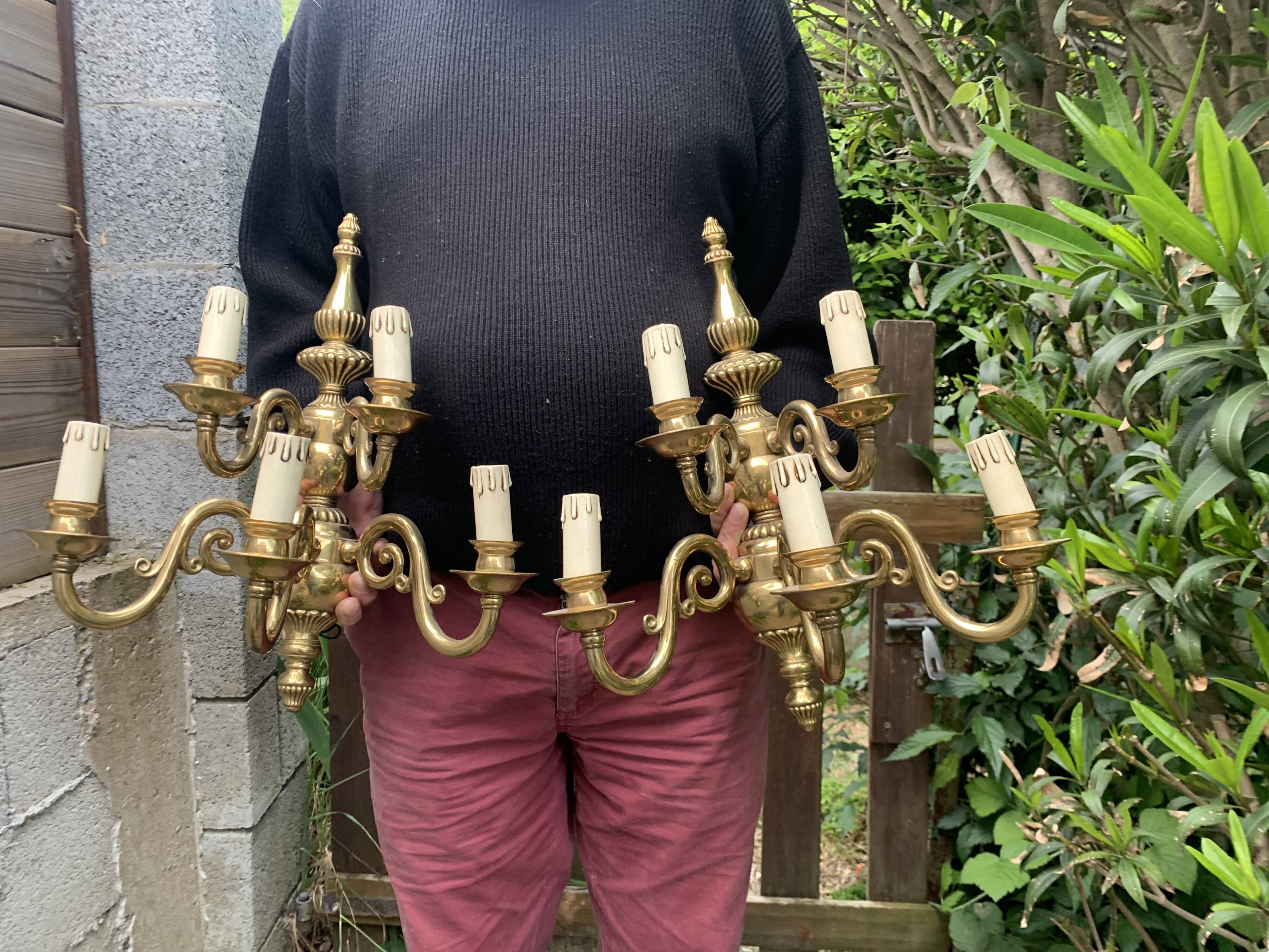 Large Pair of Dutch Style 5-Branch Wall Lights in Brass, Gilded Bronze, 19th Century