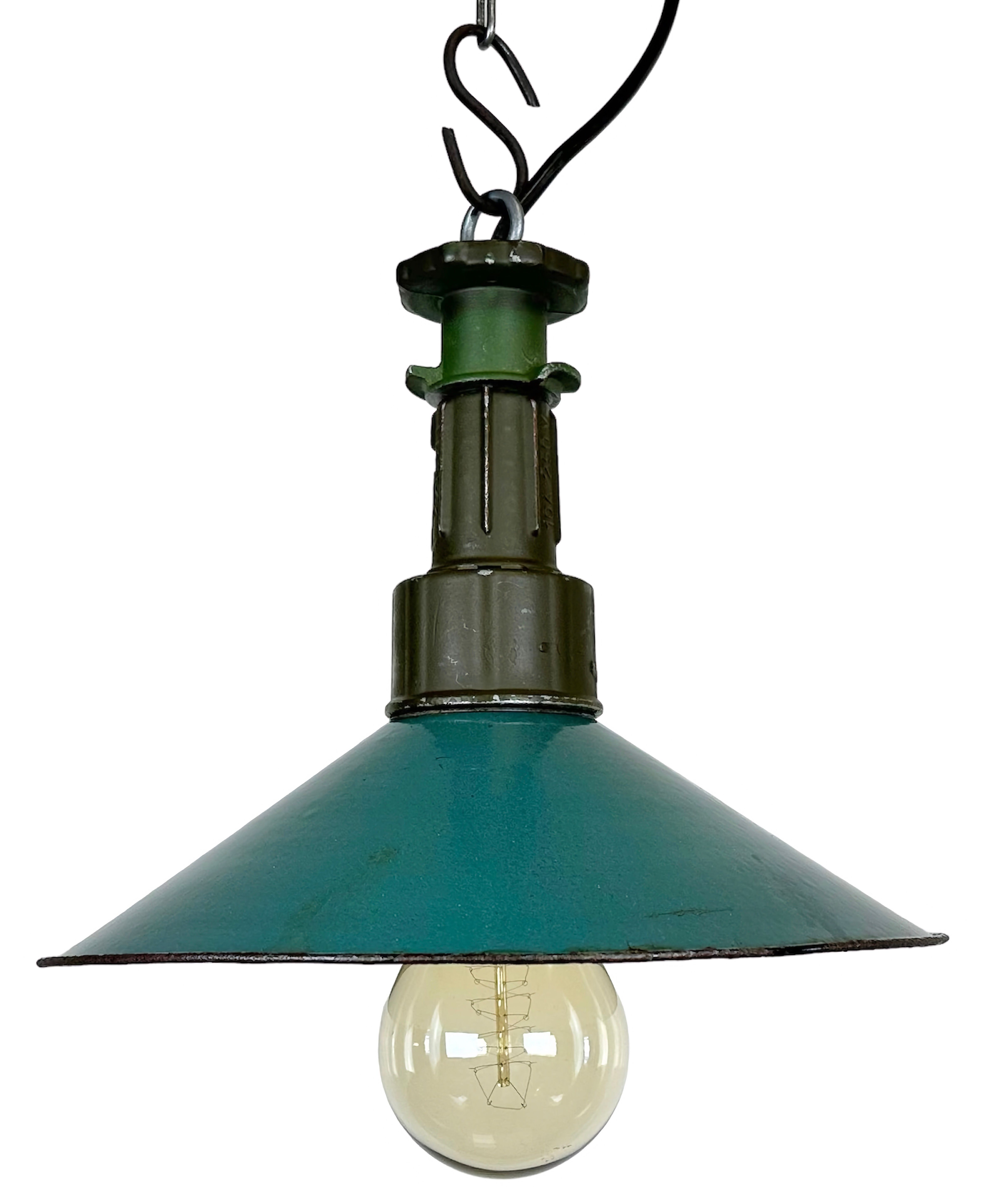 Industrial Green Enamel Factory Pendant Lamp with Cast Aluminium Top, 1960s