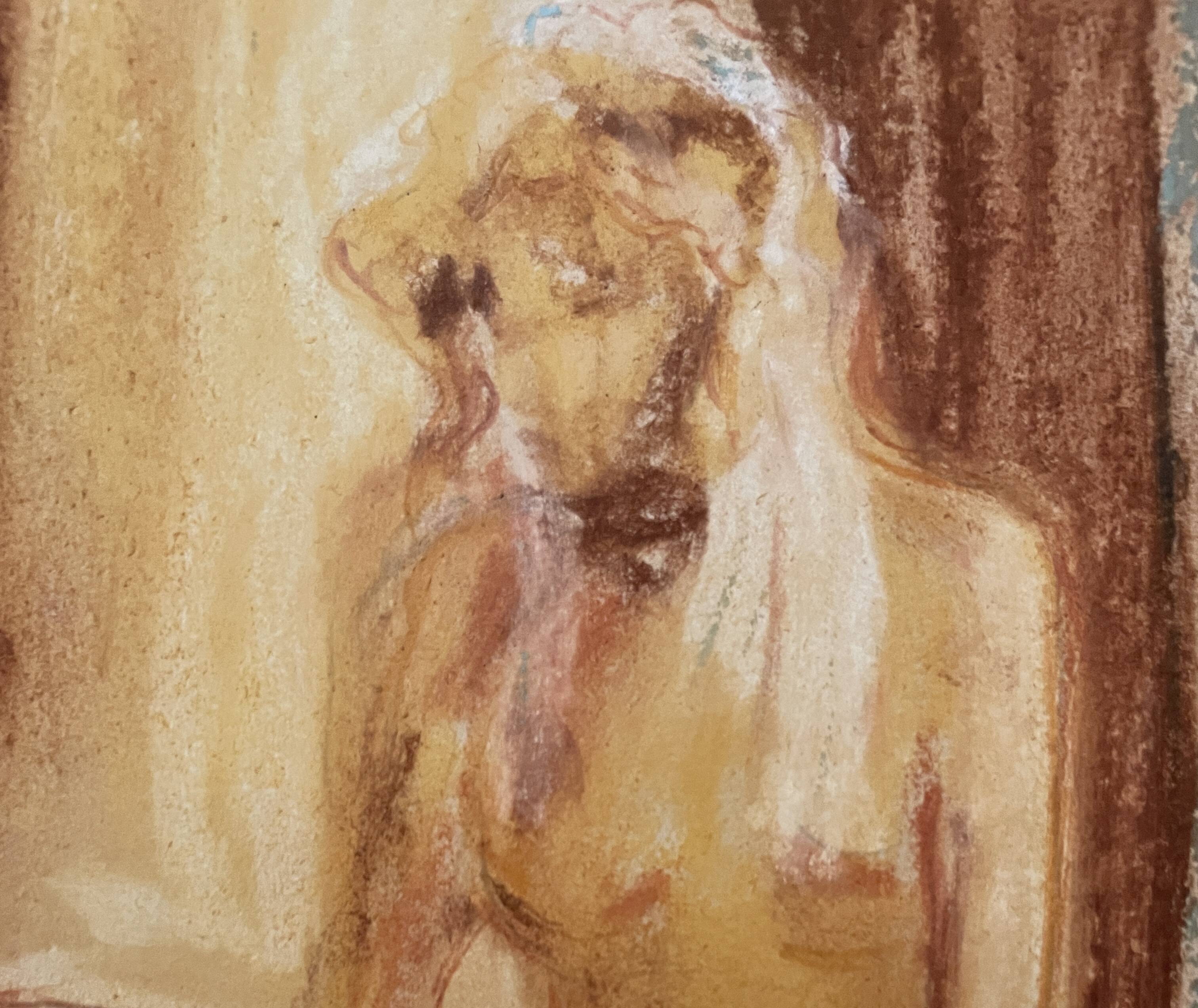 Signed pastel painting "The Bath" featuring a female portrait.