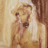 Tableau signé pastel  portrait féminin « le bain »