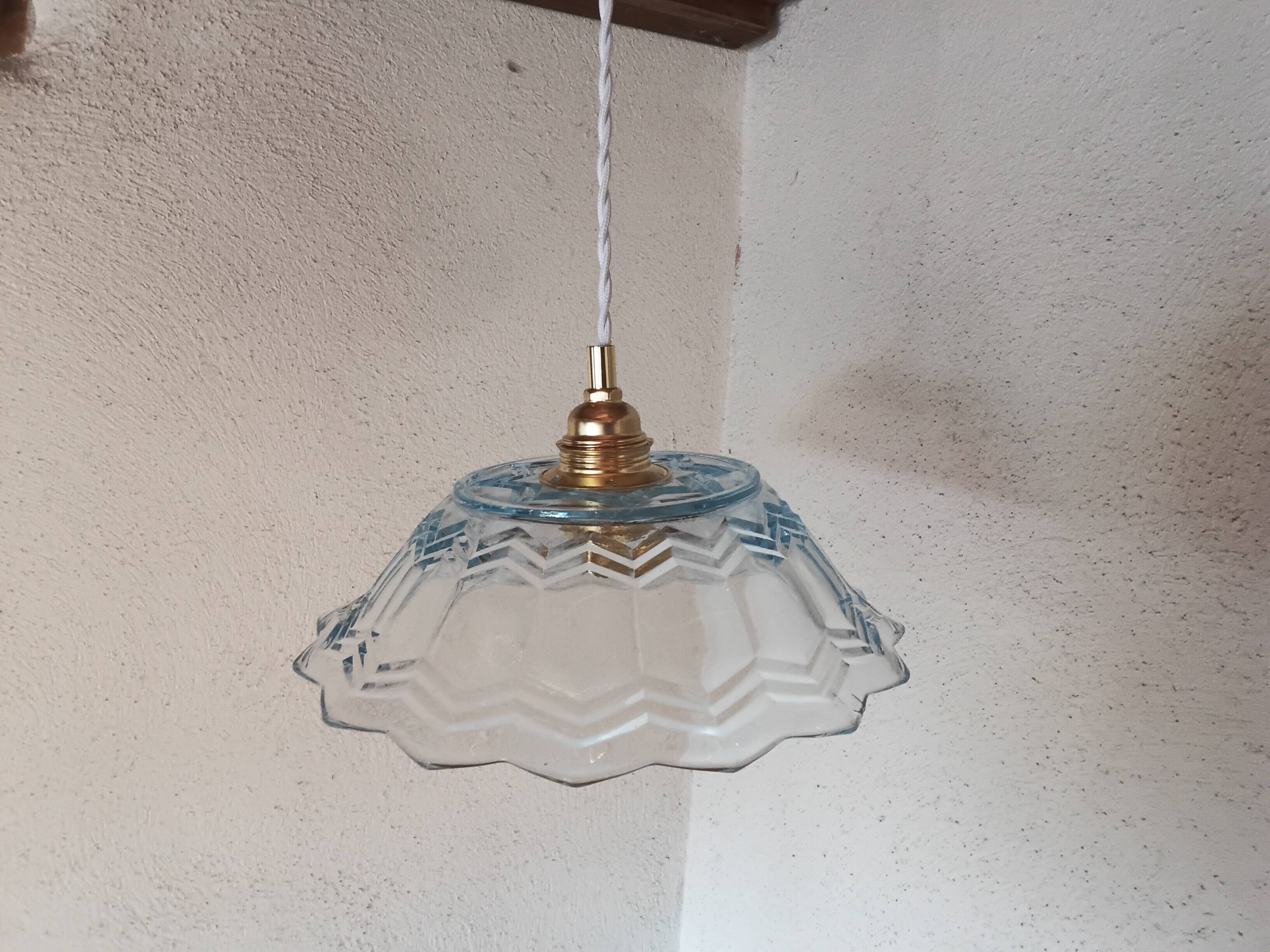 Vintage pendant light in blue chiseled glass