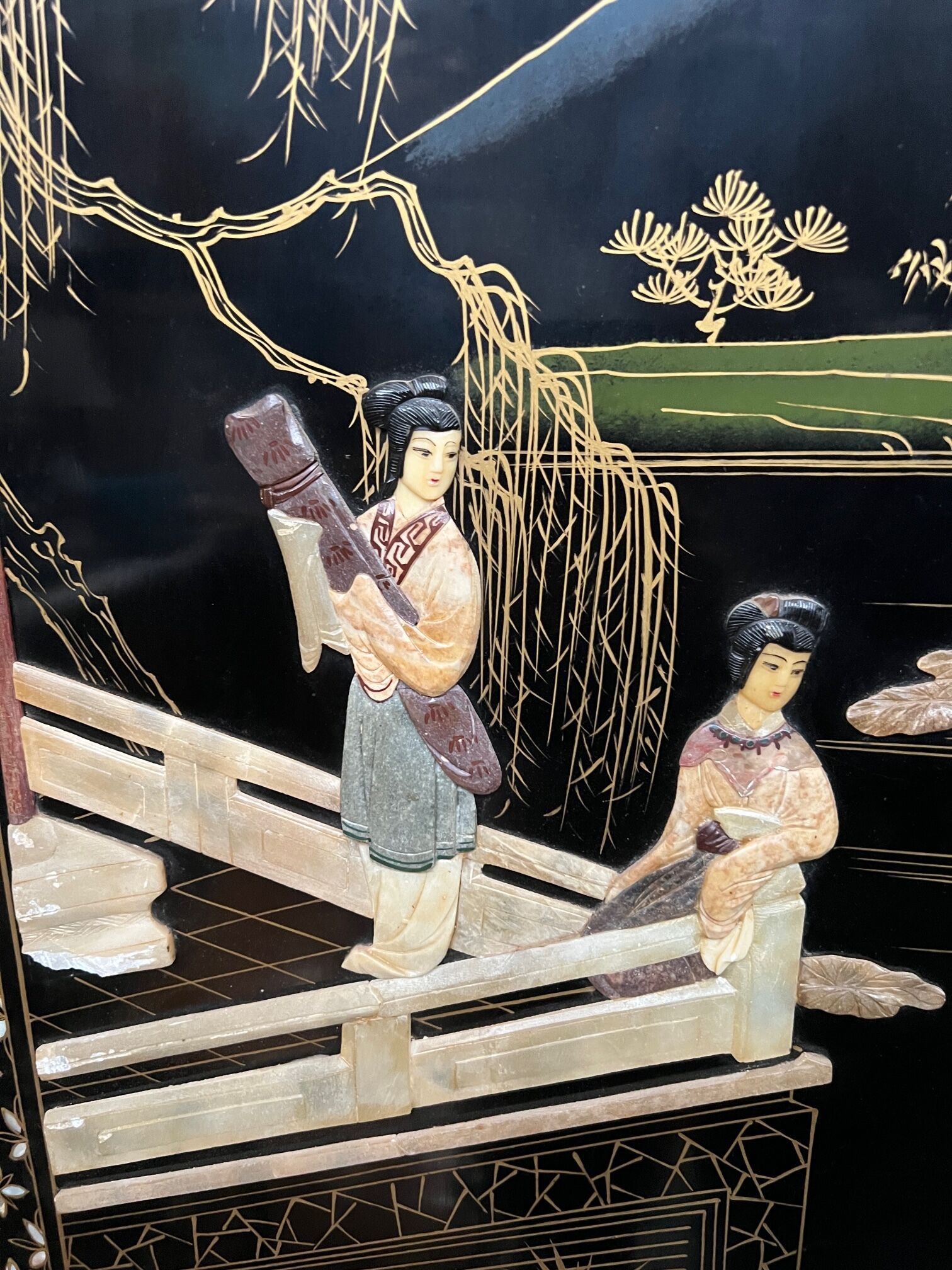 Antique Chinese bedroom screen, inlay of soapstone, jade, ivory, mother-of-pearl