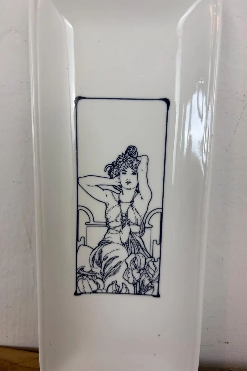 Vintage Mid-Century Ring Dish, Porcelain Tray featuring Alphonse Mucha’s "Amethyst"