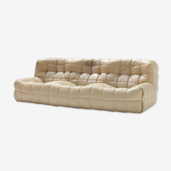 Vintage leather Kashima sofa in cream leather by Michel Ducaroy for Ligne Roset