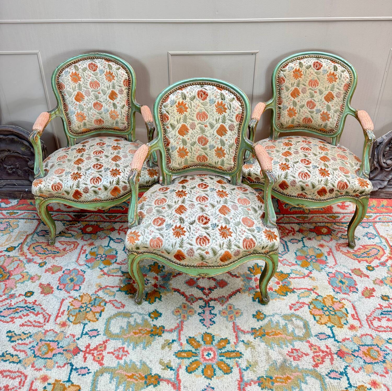 Set of Three Louis XV Style Lacquered Wood Armchairs, 19th Century