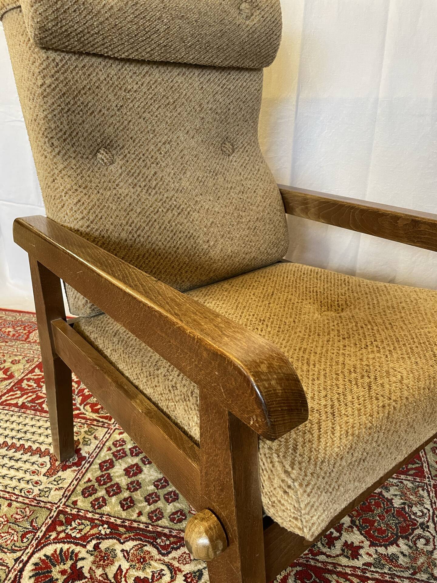 Vintage reclining armchair in wood and fabric – 1960s/70s