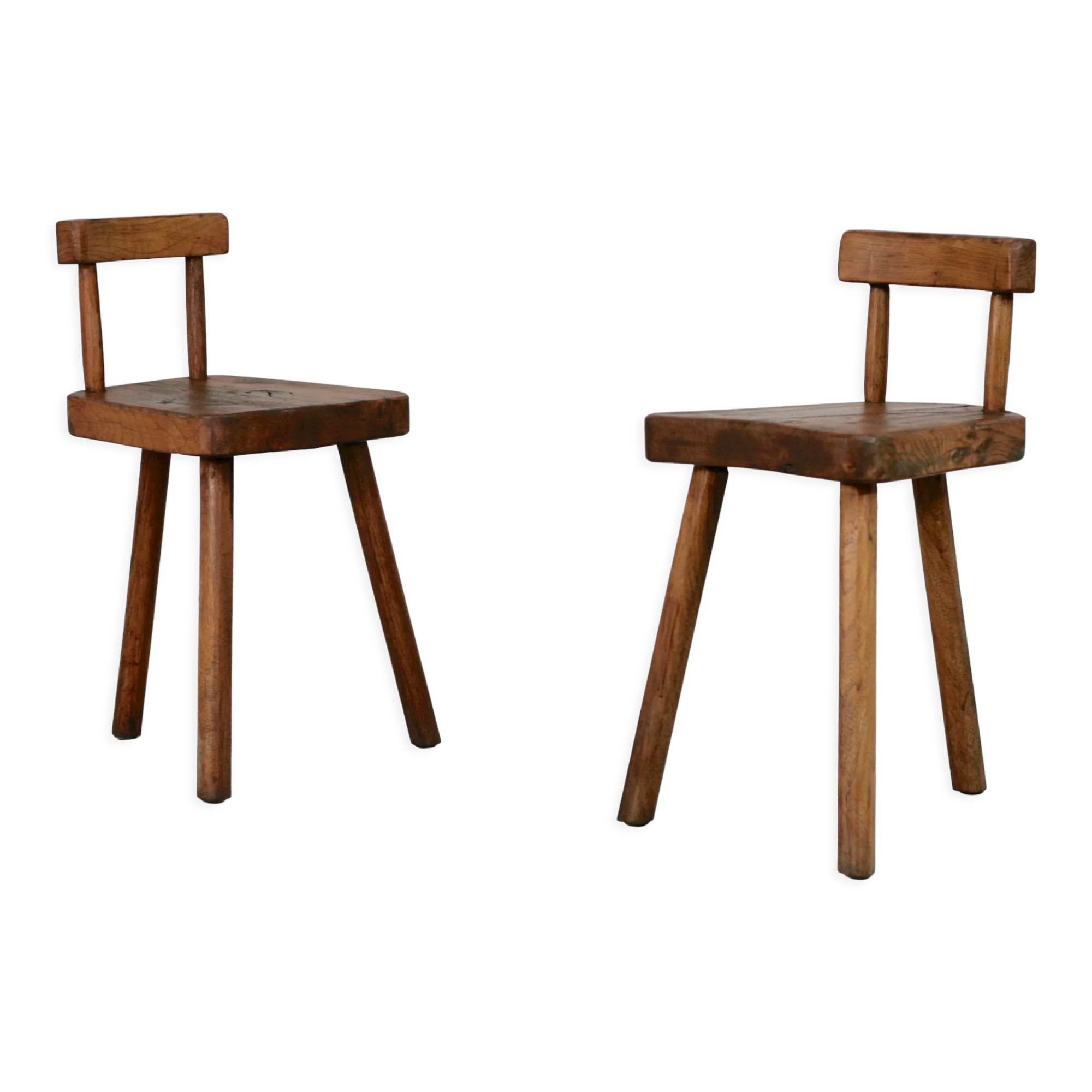 Pair of tripod stools with brutalist backrests, France, circa 1960