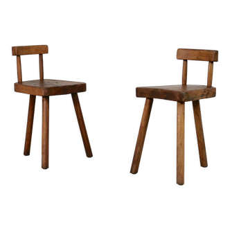 Pair of tripod stools with brutalist backrests, France, circa 1960