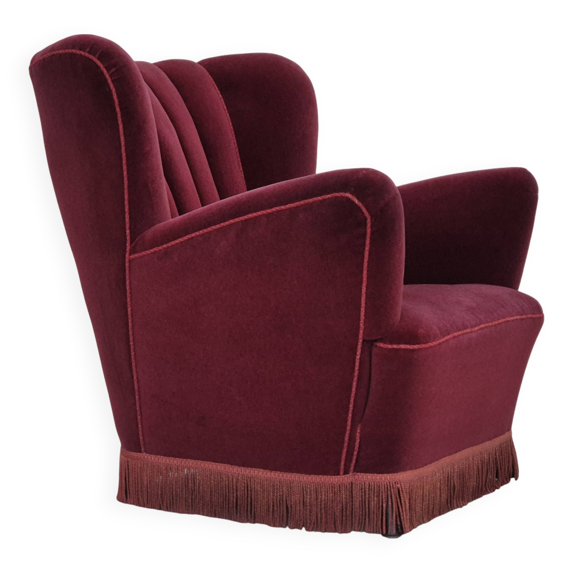 1960s, Danish armchair, original condition, cherry-red furniture velour.