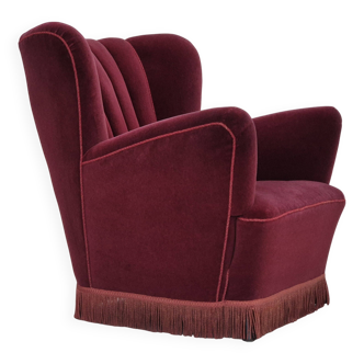 1960s, Danish armchair, original condition, cherry-red furniture velour.