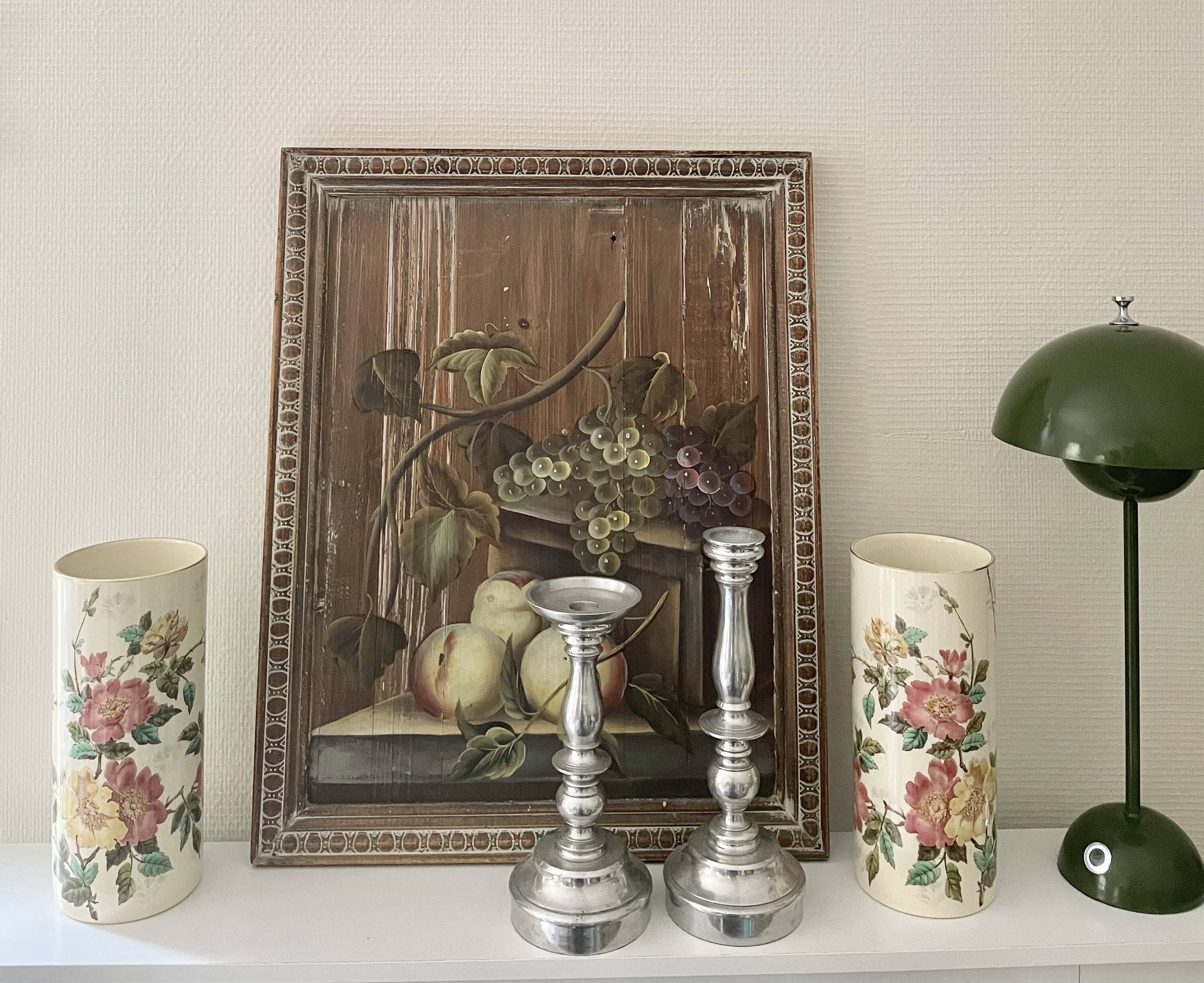 Roller vases in earthenware with floral decoration of wild rose, circa 1930–1950.