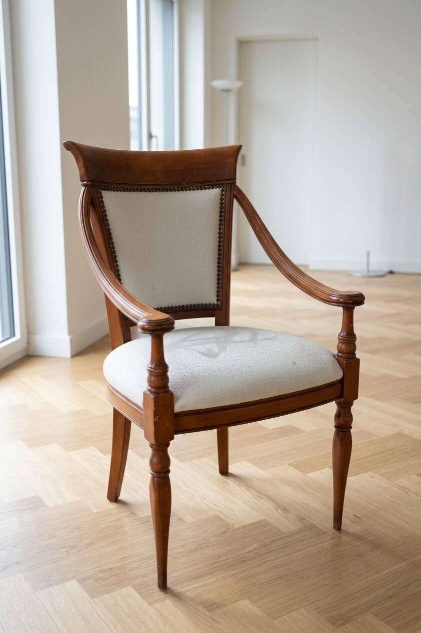 Antique office set: wooden table and matching armchair.