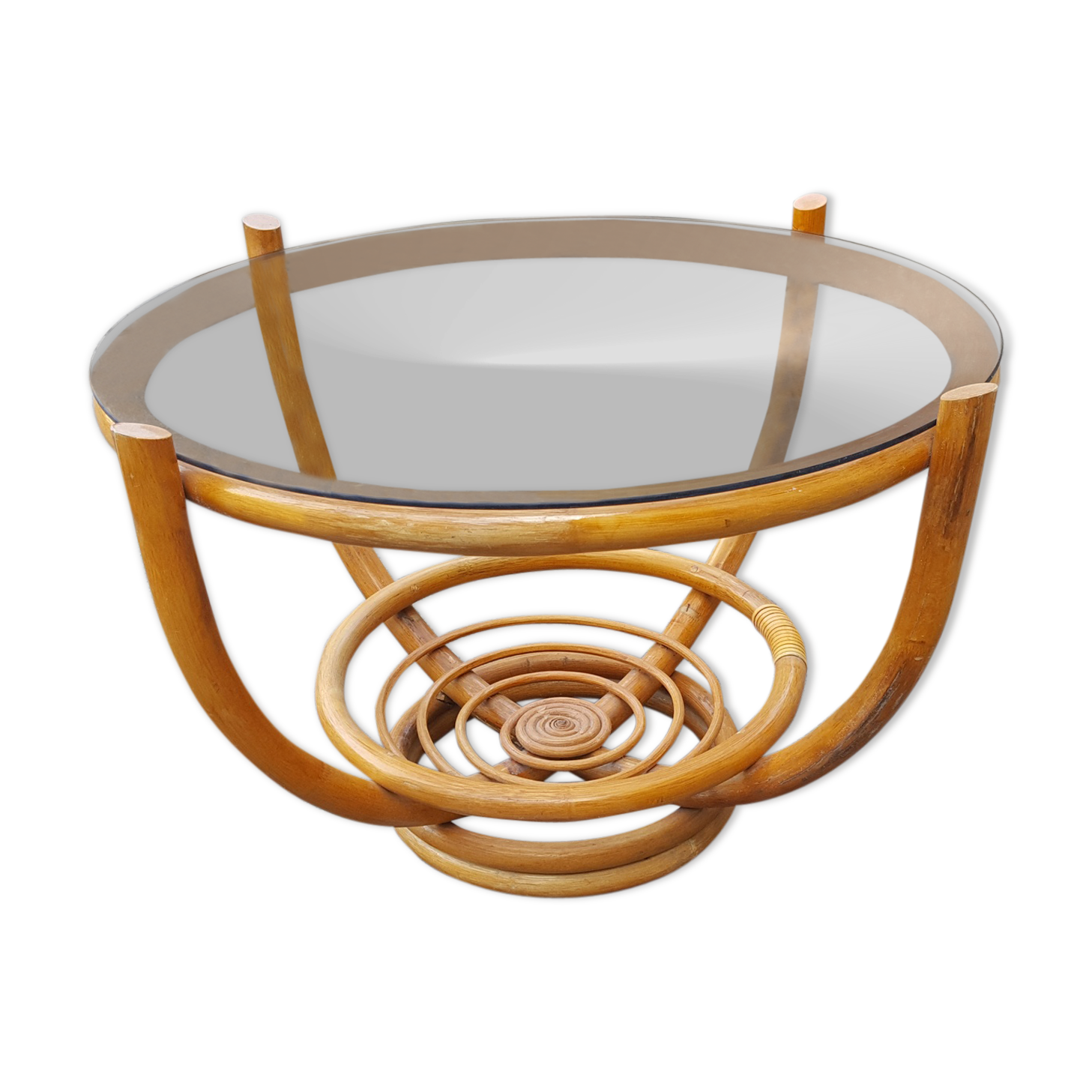 Round table bamboo, rattan, smoked glass, vintage, years 60