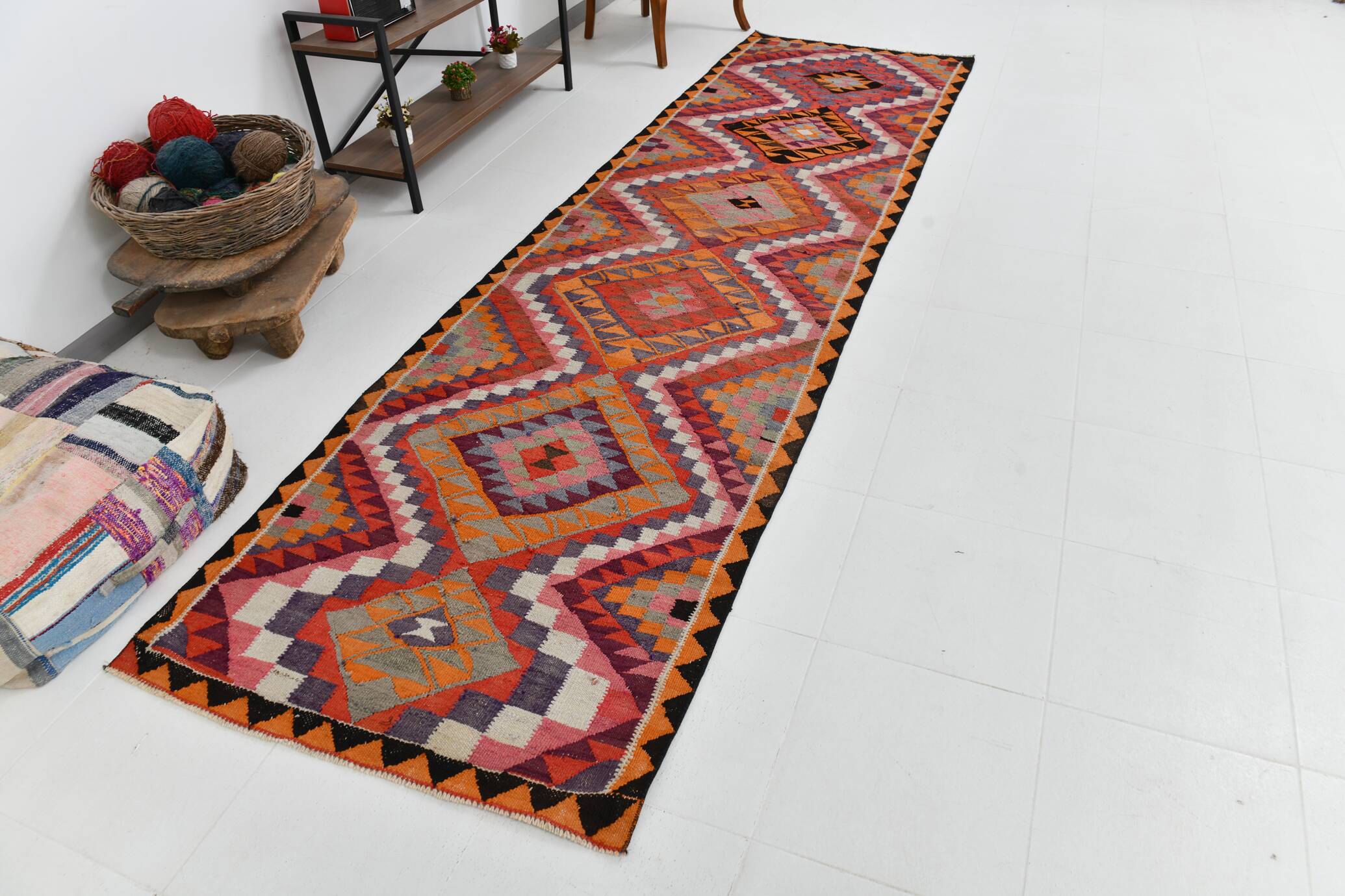 3x12 Pink Orange Vintage Kilim Runner Rug 105x377Cm SK 34621