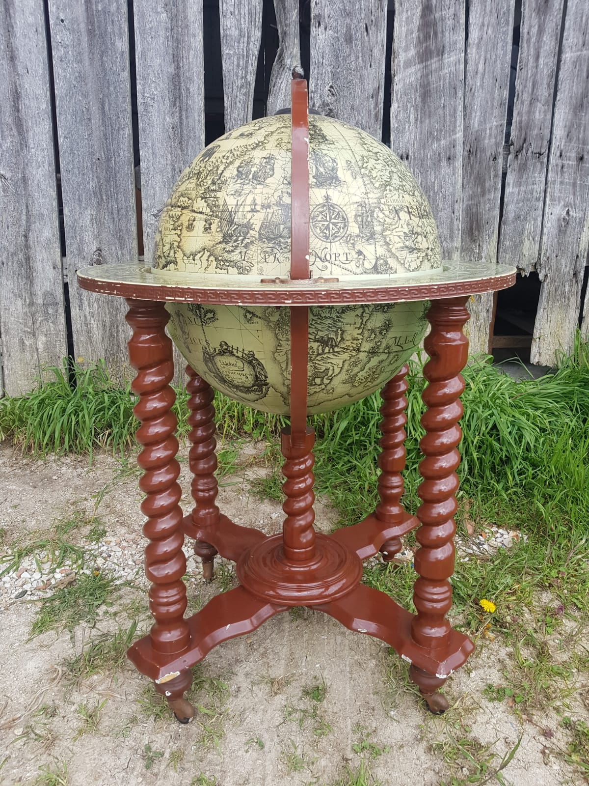 Former Bar Mappemonde Structure Wood Torsadé - Globe Metal Turning Vintage