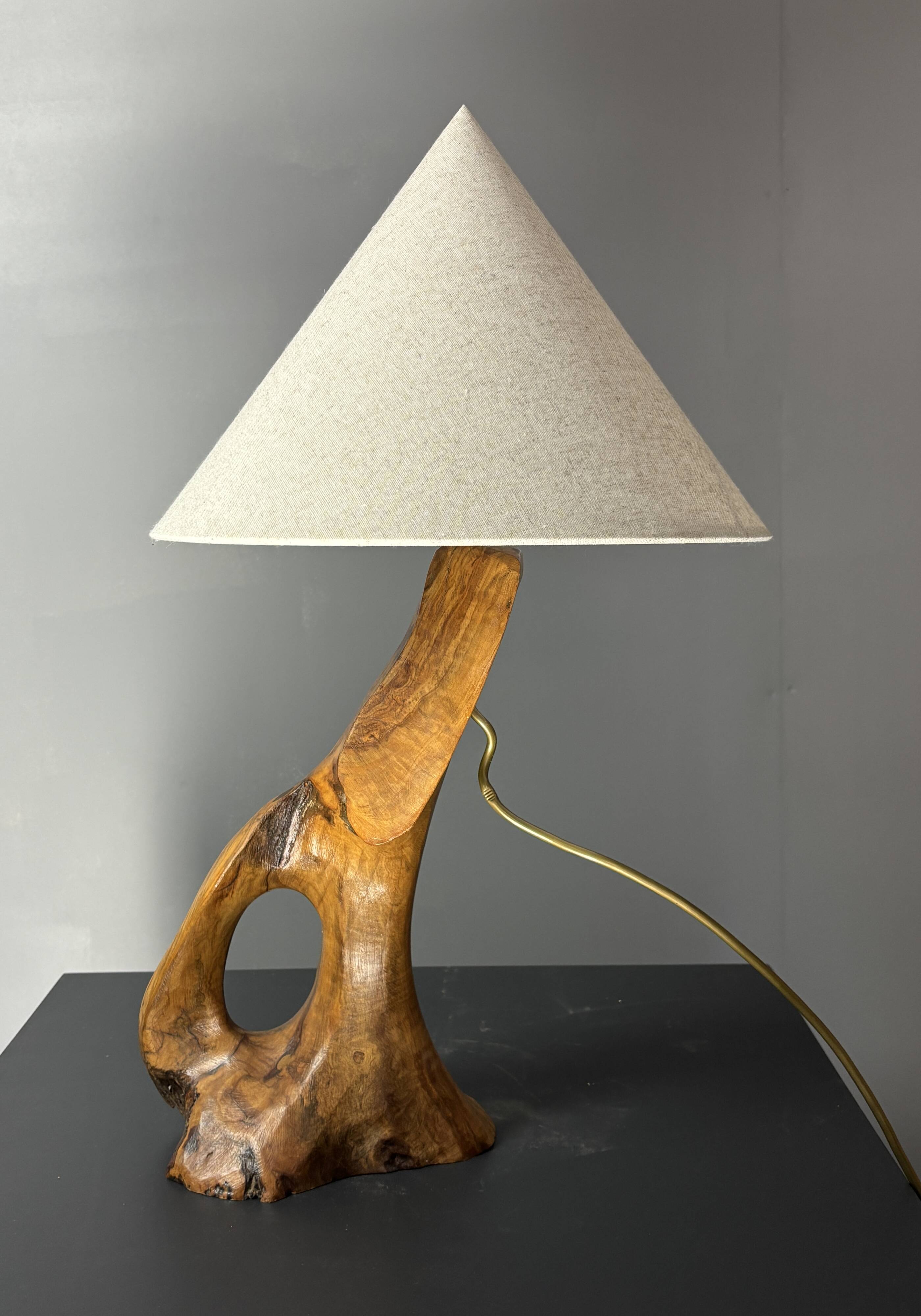 French midcentury brutalist olive wood table lamp, 1950s