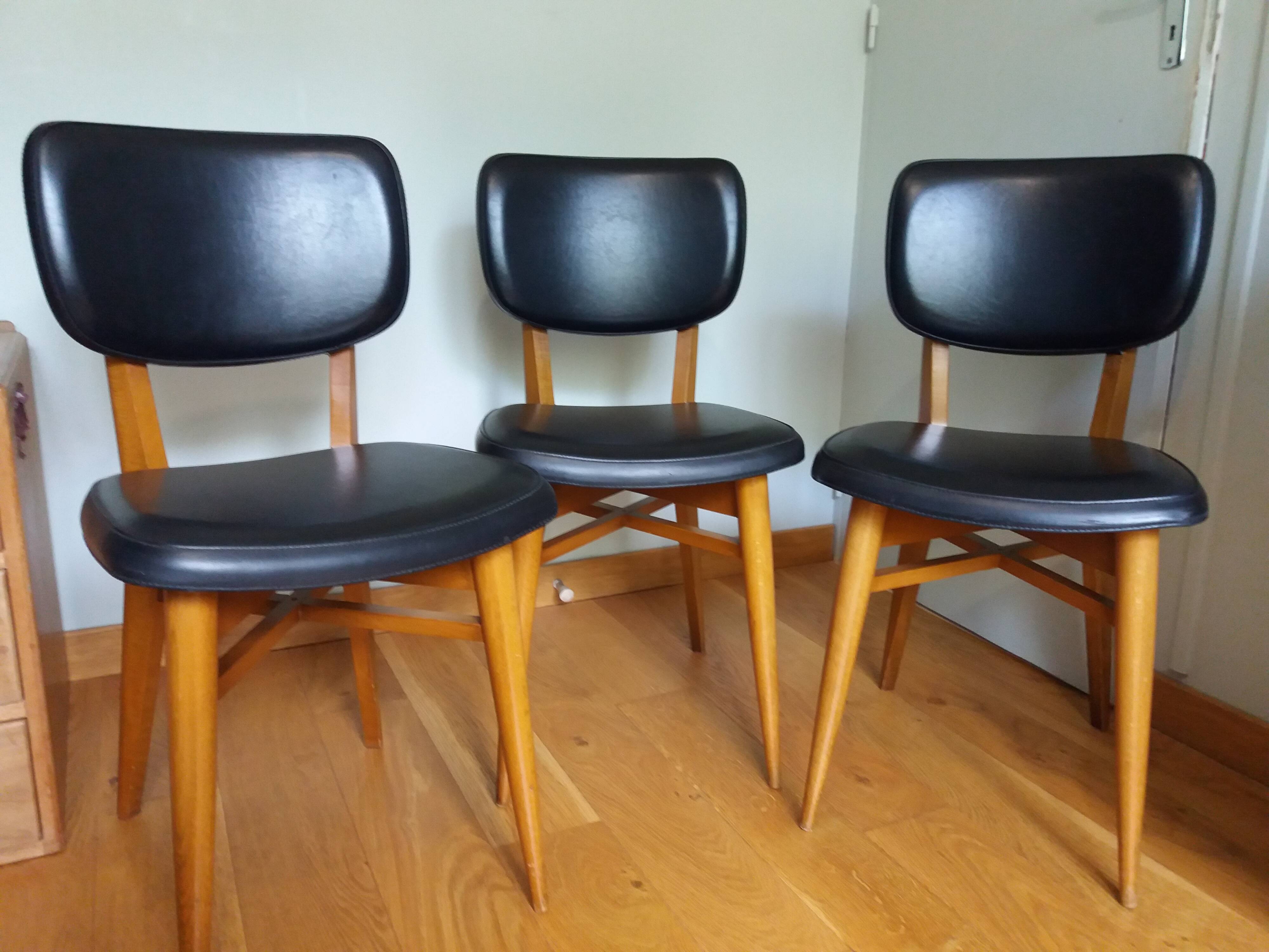 3 Scandinavian style skai faux leather and wood chairs