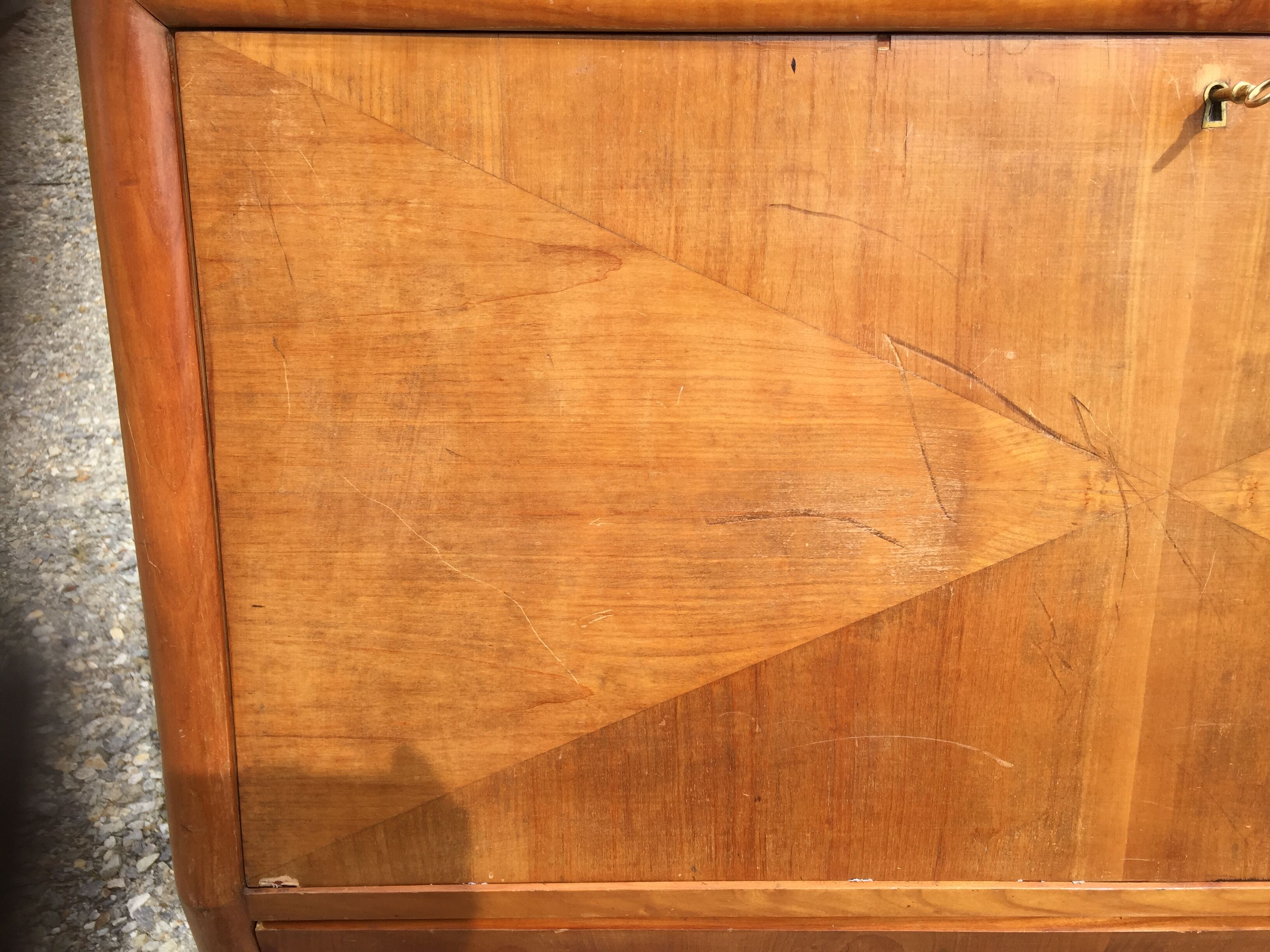 Vintage secretary desk, known as donkey's back, in cherry wood, Italian by Marelli & Fratelli.