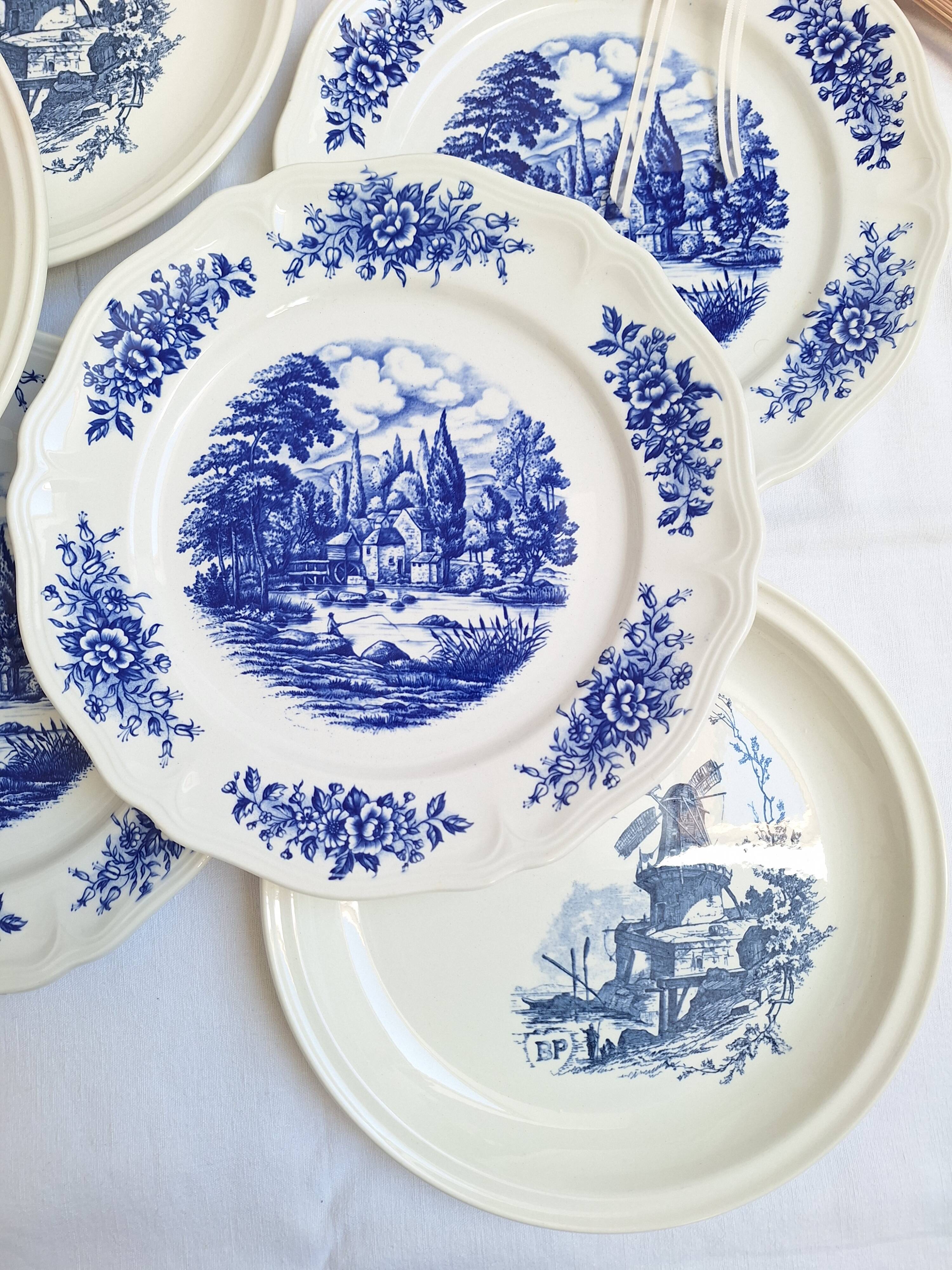 Vintage blue Moulin des Loups dinner plates