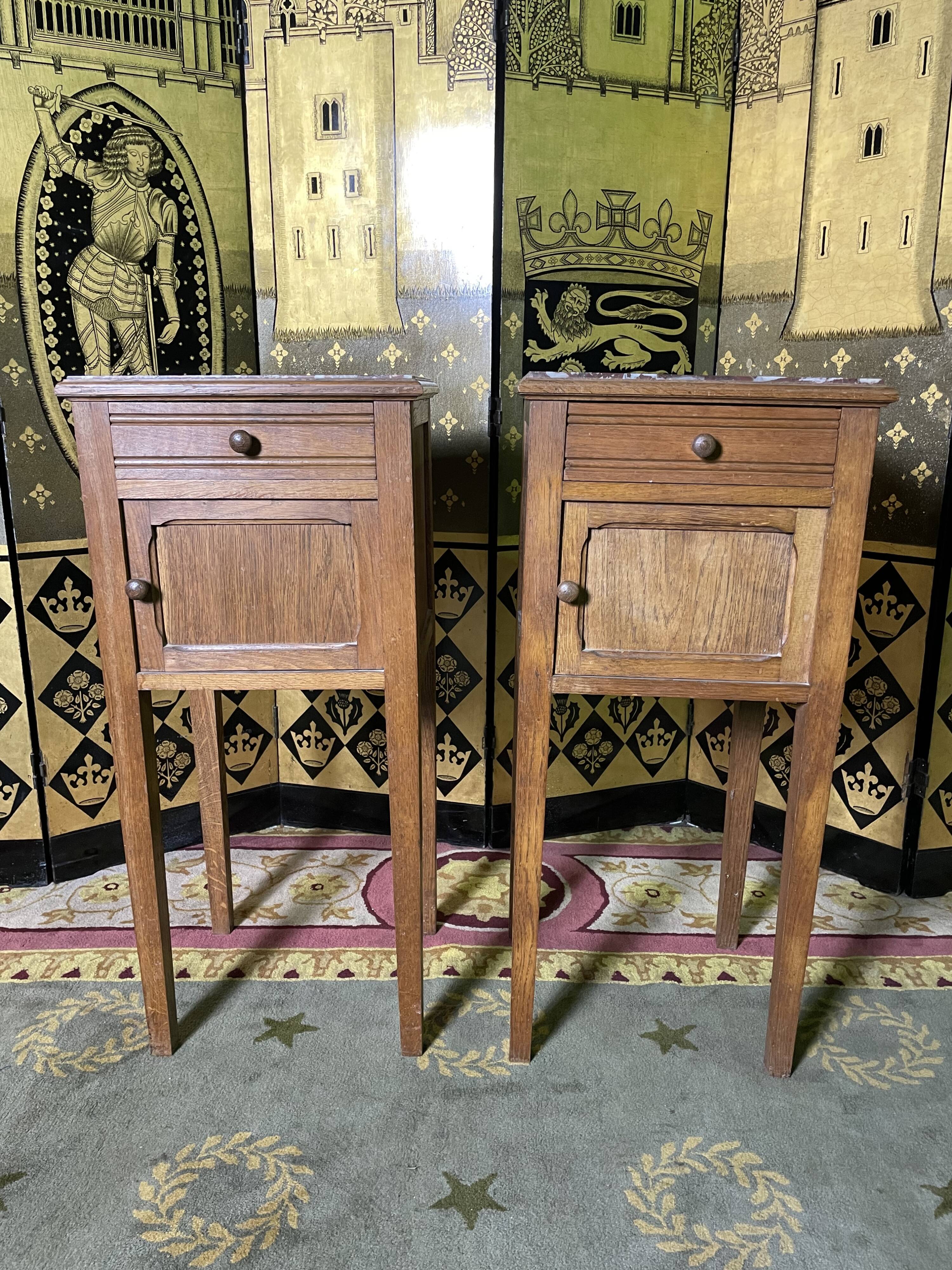 Pair of bedside tables in solid oak and marble
