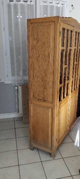Parisian glass-fronted cabinet, Art Deco vintage bookshelf, solid oak furniture.