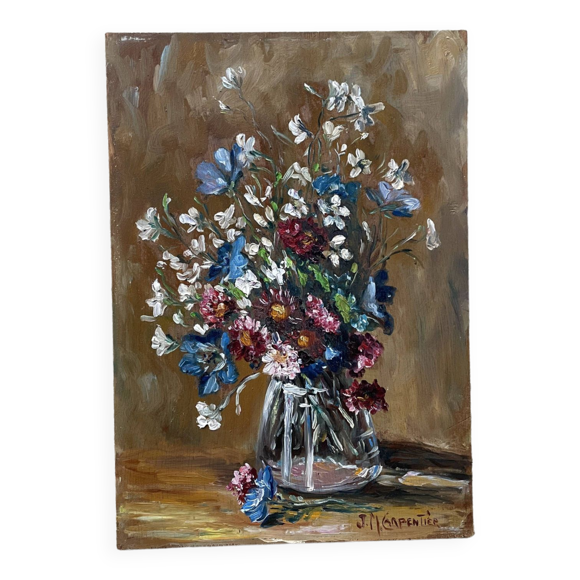 Oil on old panel, still life signed