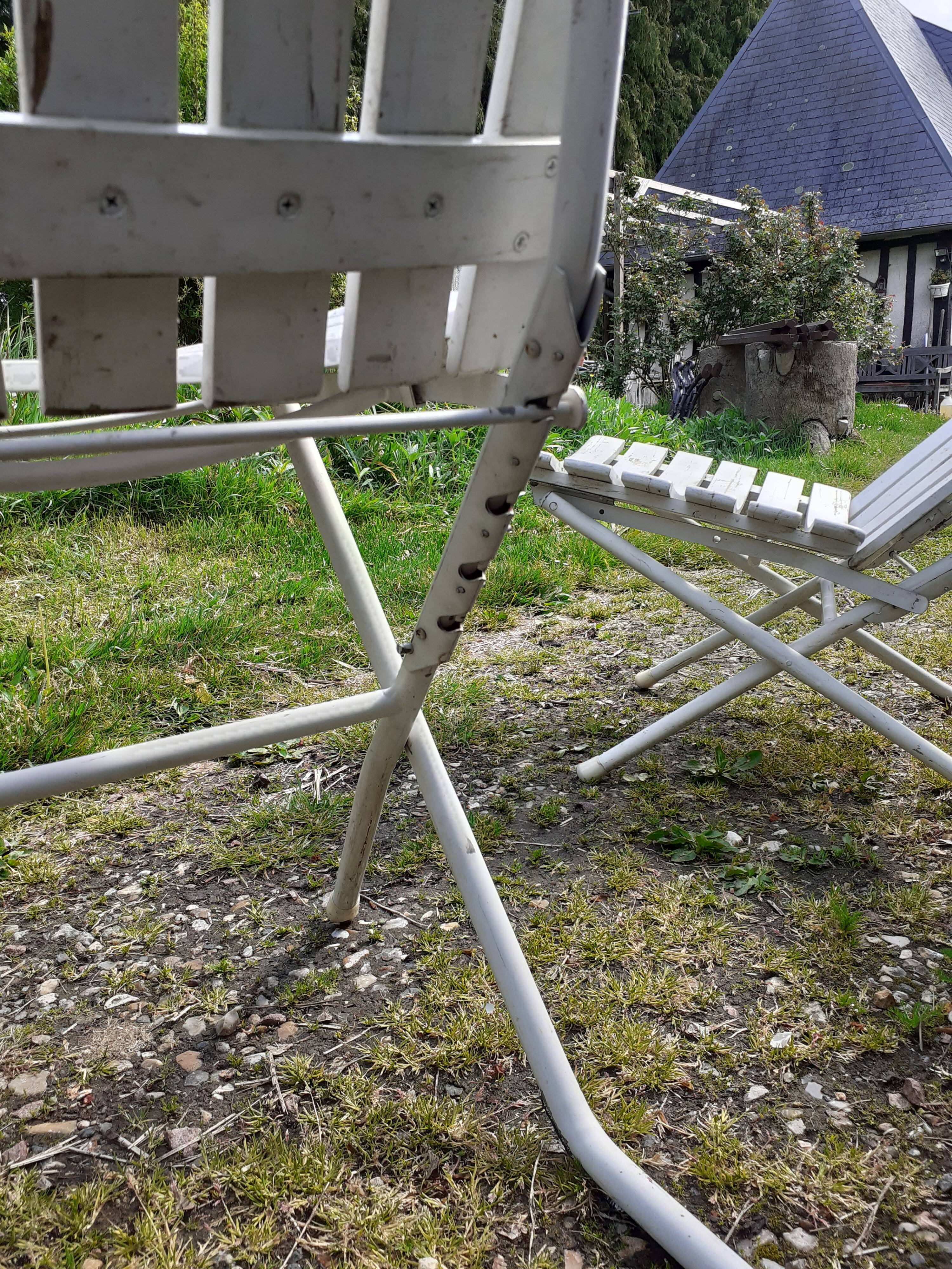 Pair of iron and old wood garden chairs