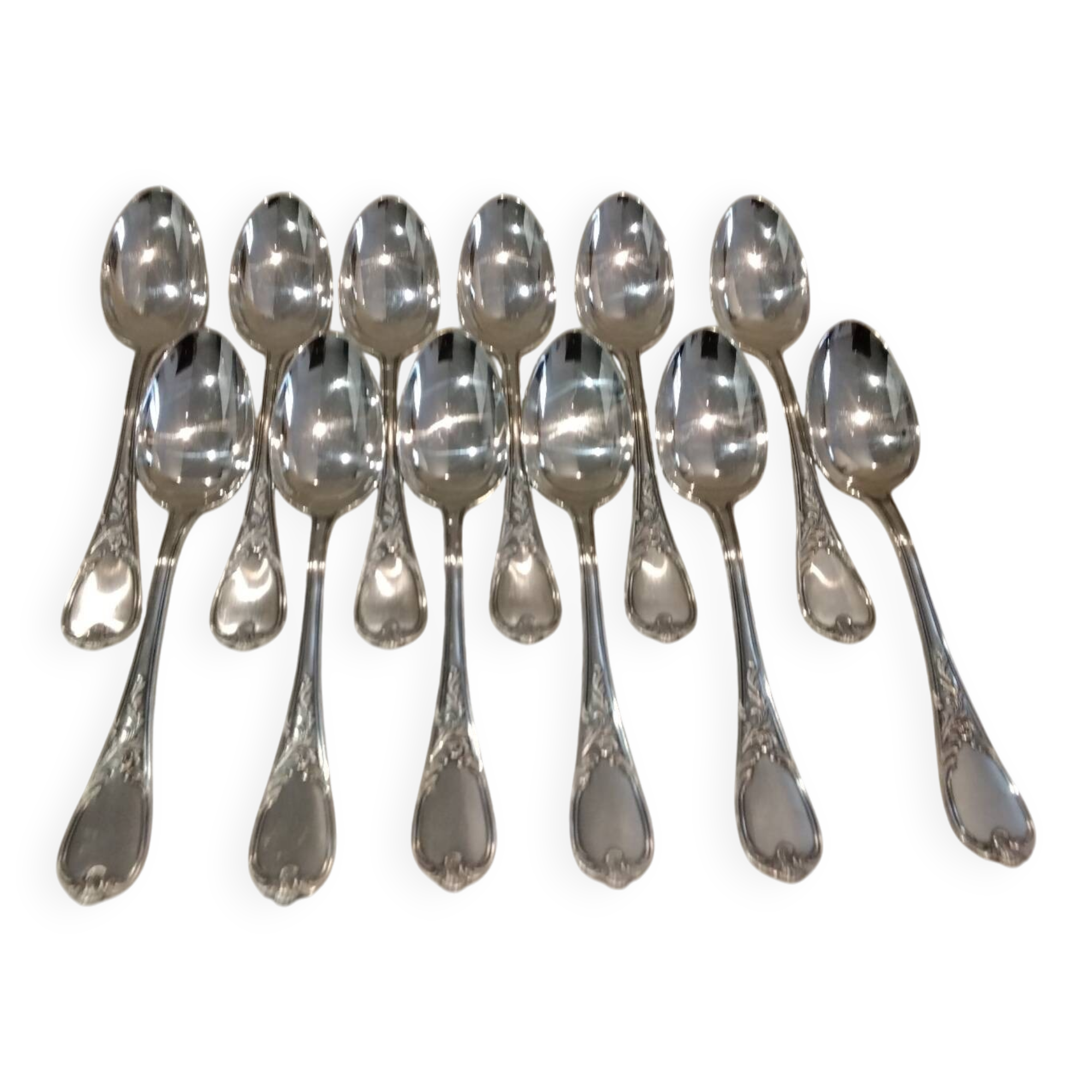 12 silver-plated metal soup spoons, Ercuis Dubarry model.