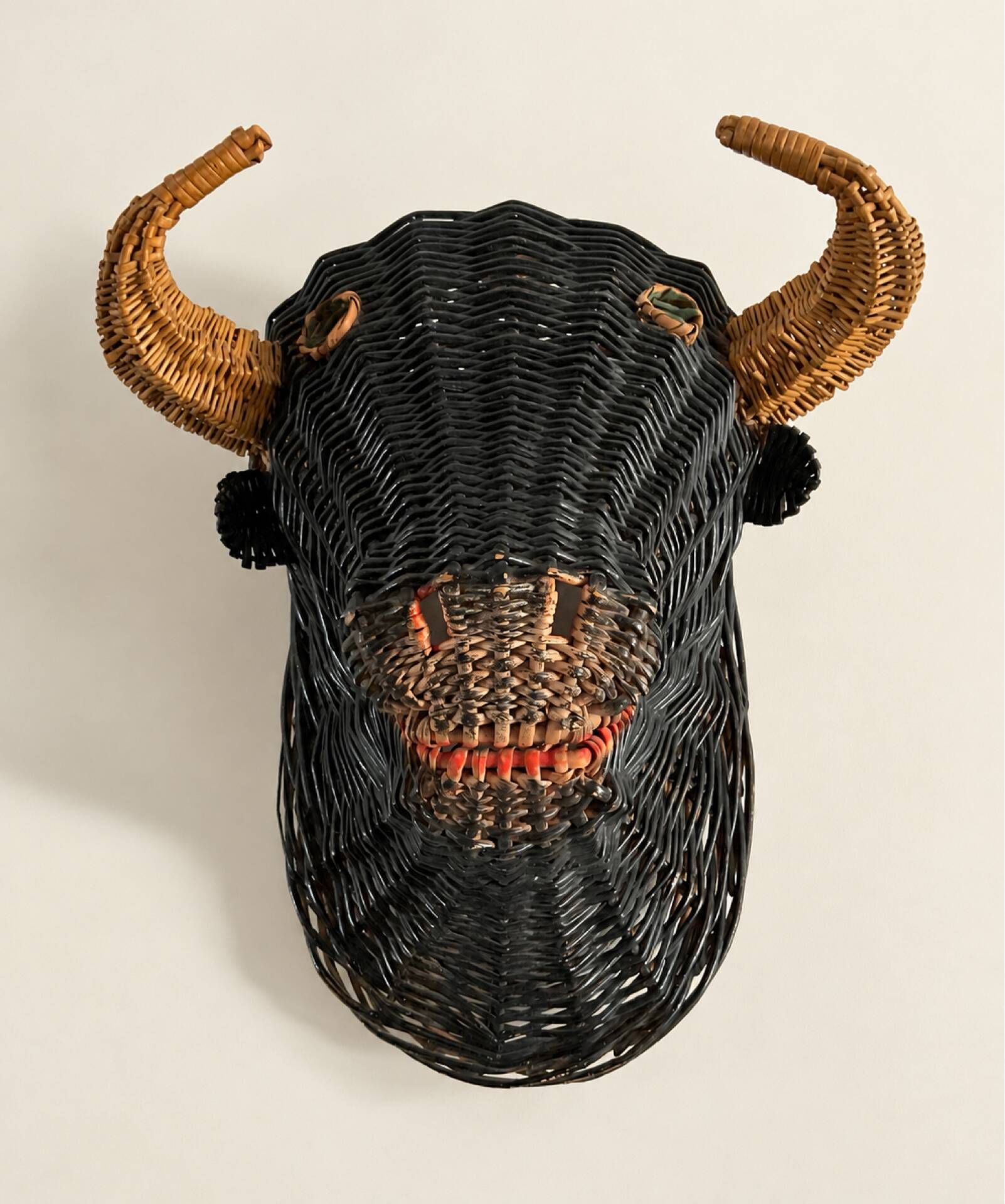 Rare polychrome wicker bull's head trophy, circa 1950.