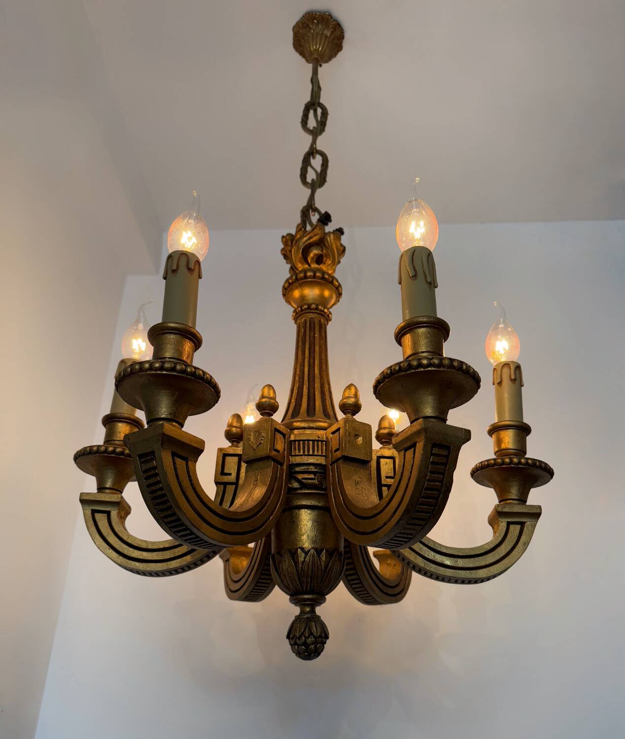 60s carved wood candle chandelier