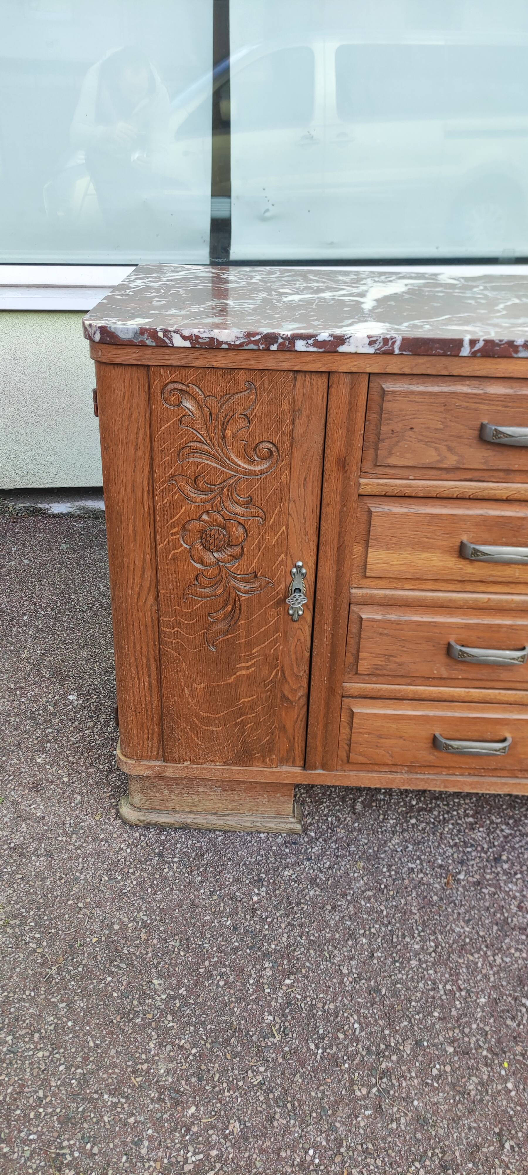 Small Buffet Commode Solid wood 4 drawer - Red marble - 1950